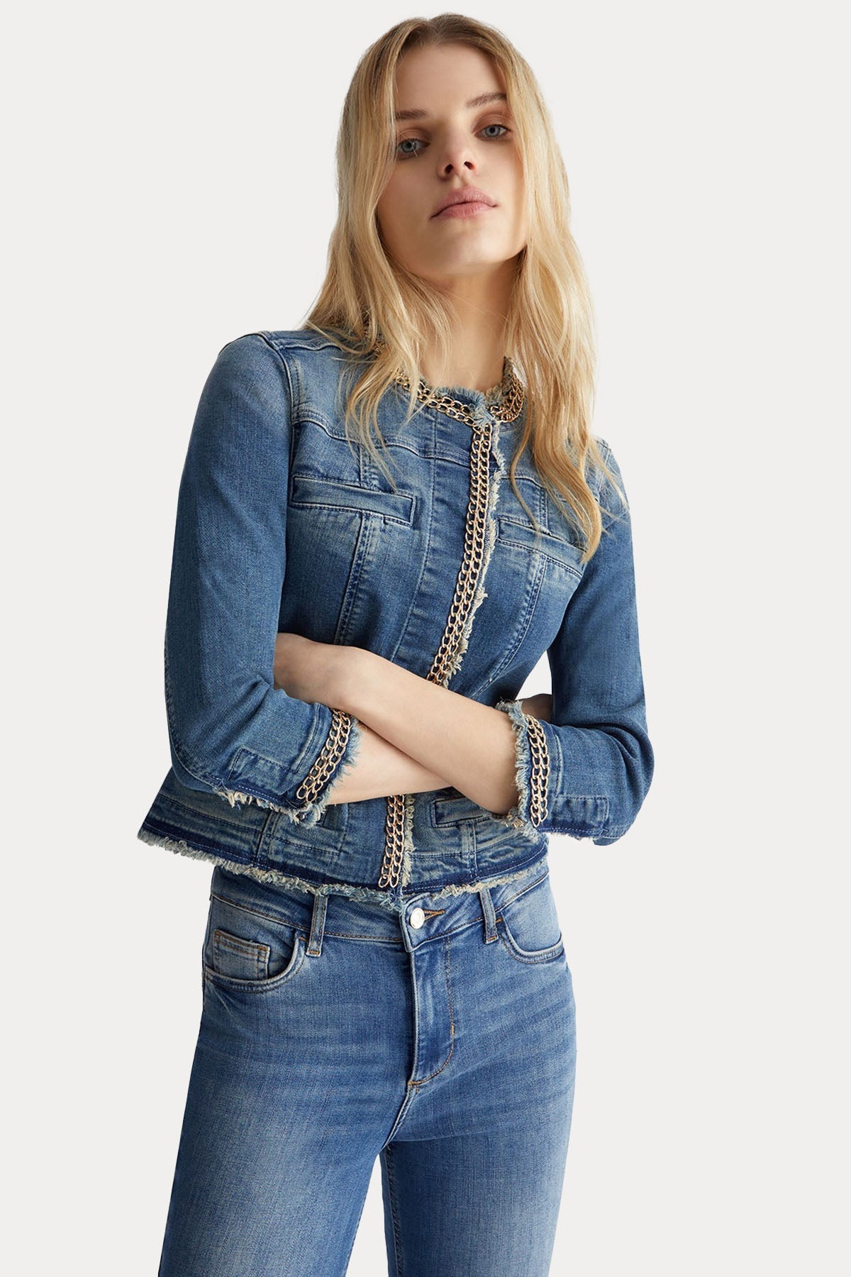 Liu Jo Yuvarlak Yaka Metal Aksesuarlı Denim Ceket-Ceket-Libas