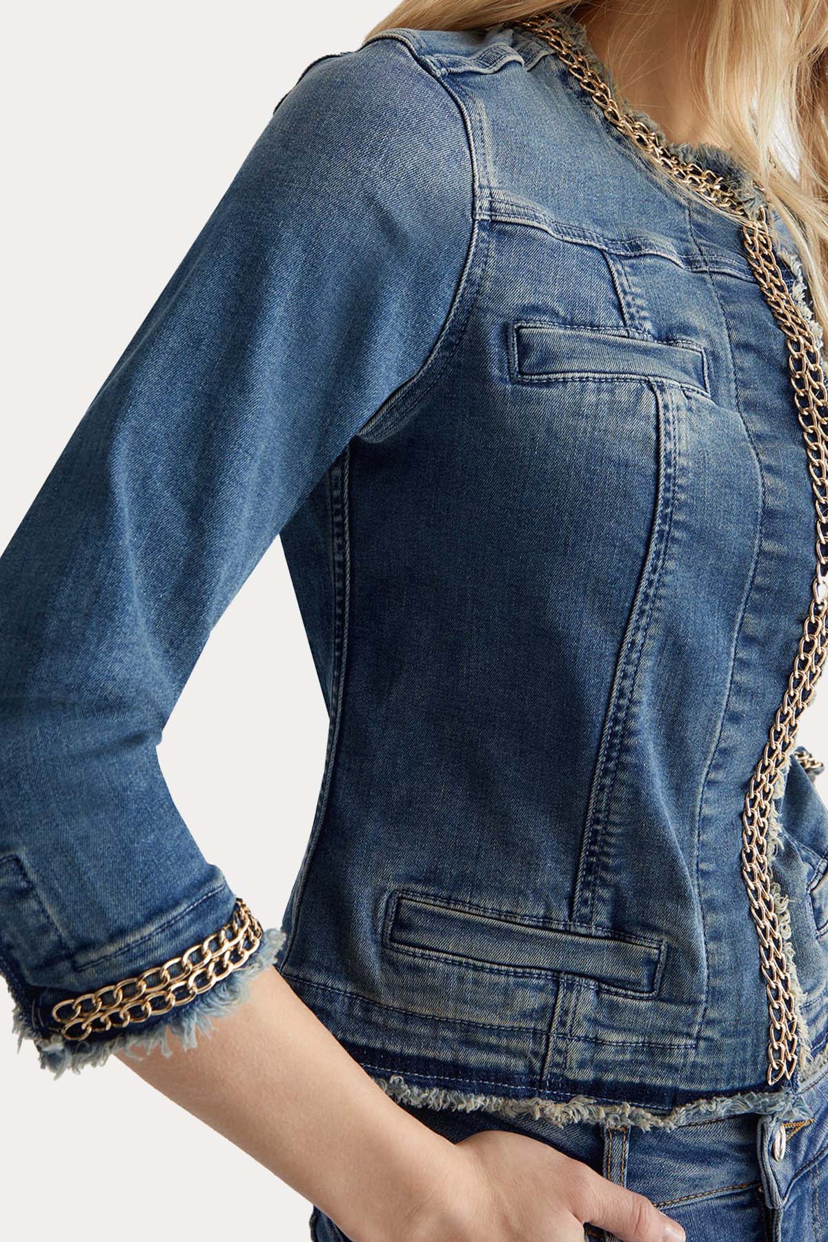Liu Jo Yuvarlak Yaka Metal Aksesuarlı Denim Ceket-Ceket-Libas