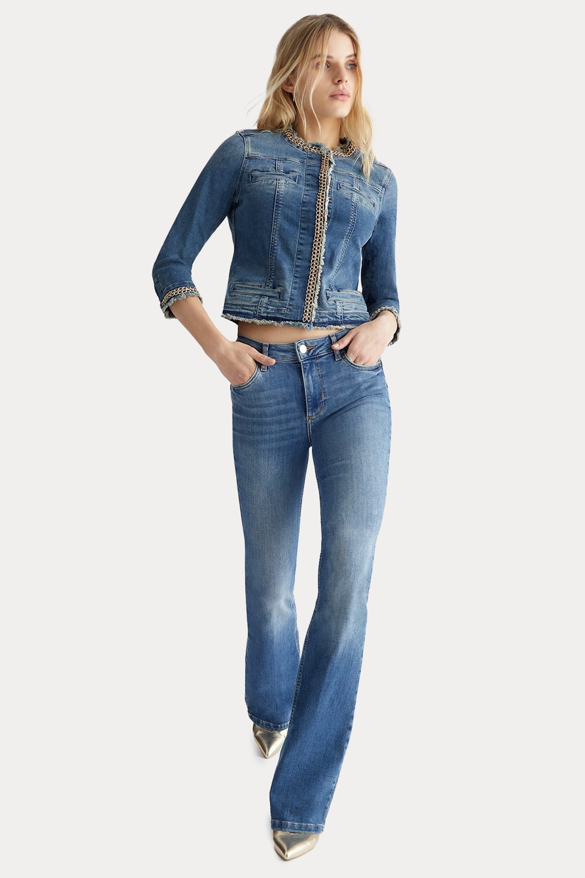 Liu Jo Yuvarlak Yaka Metal Aksesuarlı Denim Ceket-Ceket-Libas