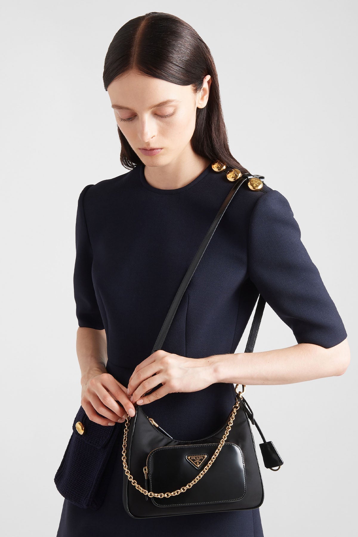 Prada Re - Nylon Logolu Deri Detaylı Omuz Çantası