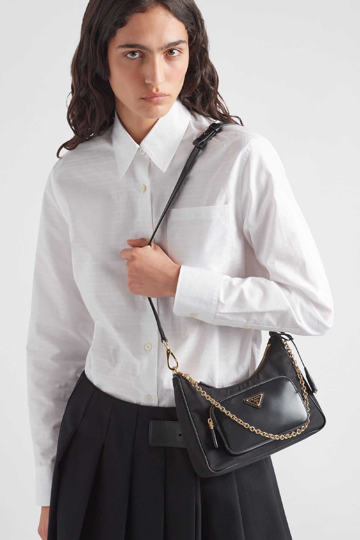 Prada Re - Nylon Logolu Deri Detaylı Omuz Çantası