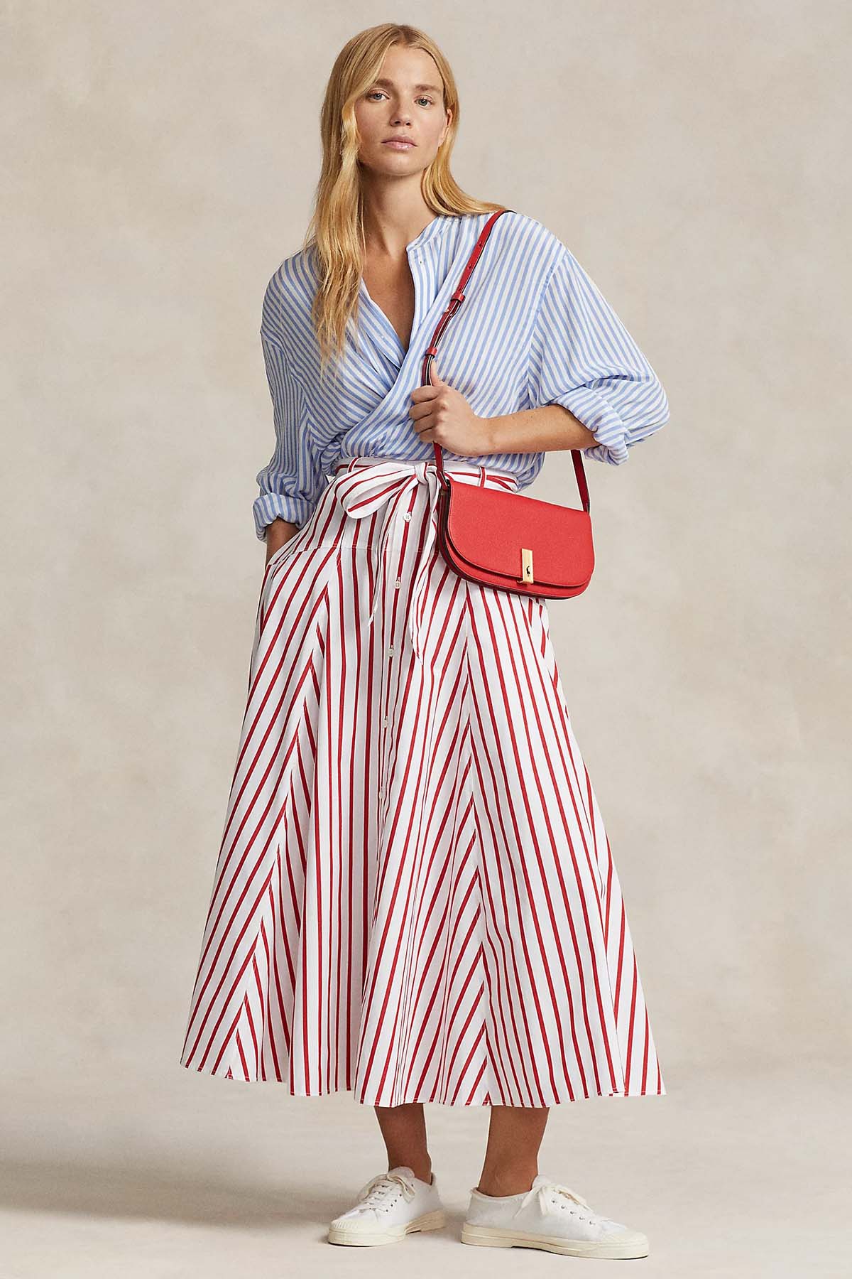 Polo Ralph Lauren Kuşaklı Çan Kesim Çizgili Midi Etek