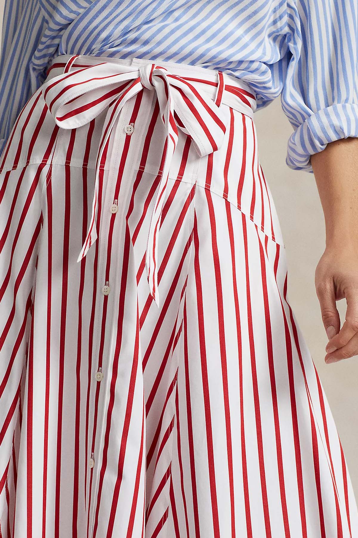 Polo Ralph Lauren Kuşaklı Çan Kesim Çizgili Midi Etek