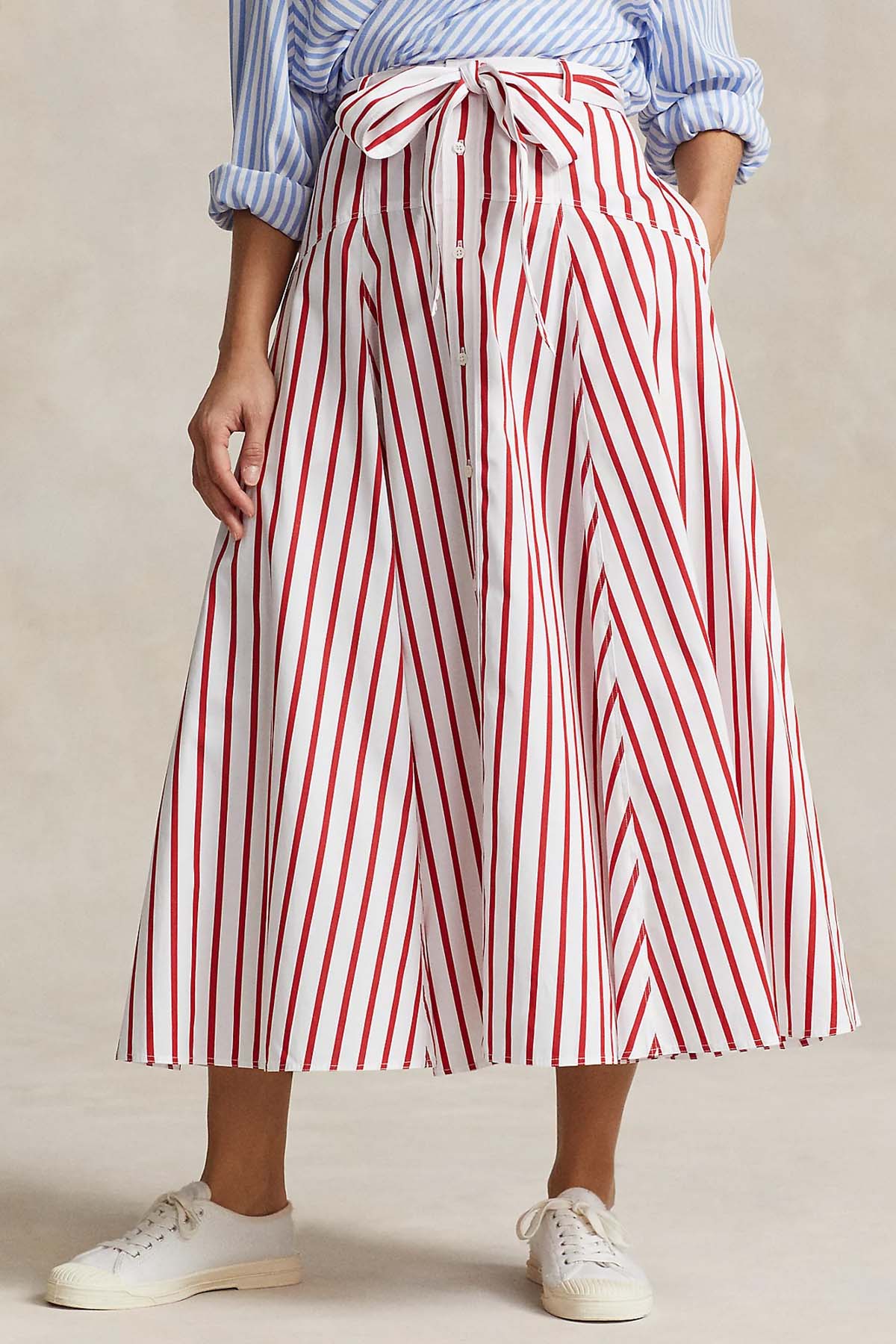 Polo Ralph Lauren Kuşaklı Çan Kesim Çizgili Midi Etek