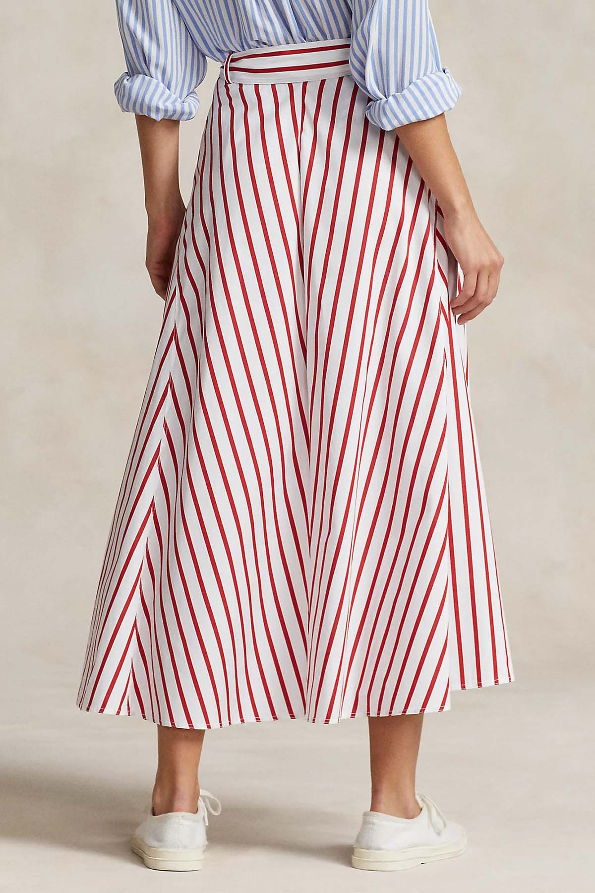 Polo Ralph Lauren Kuşaklı Çan Kesim Çizgili Midi Etek