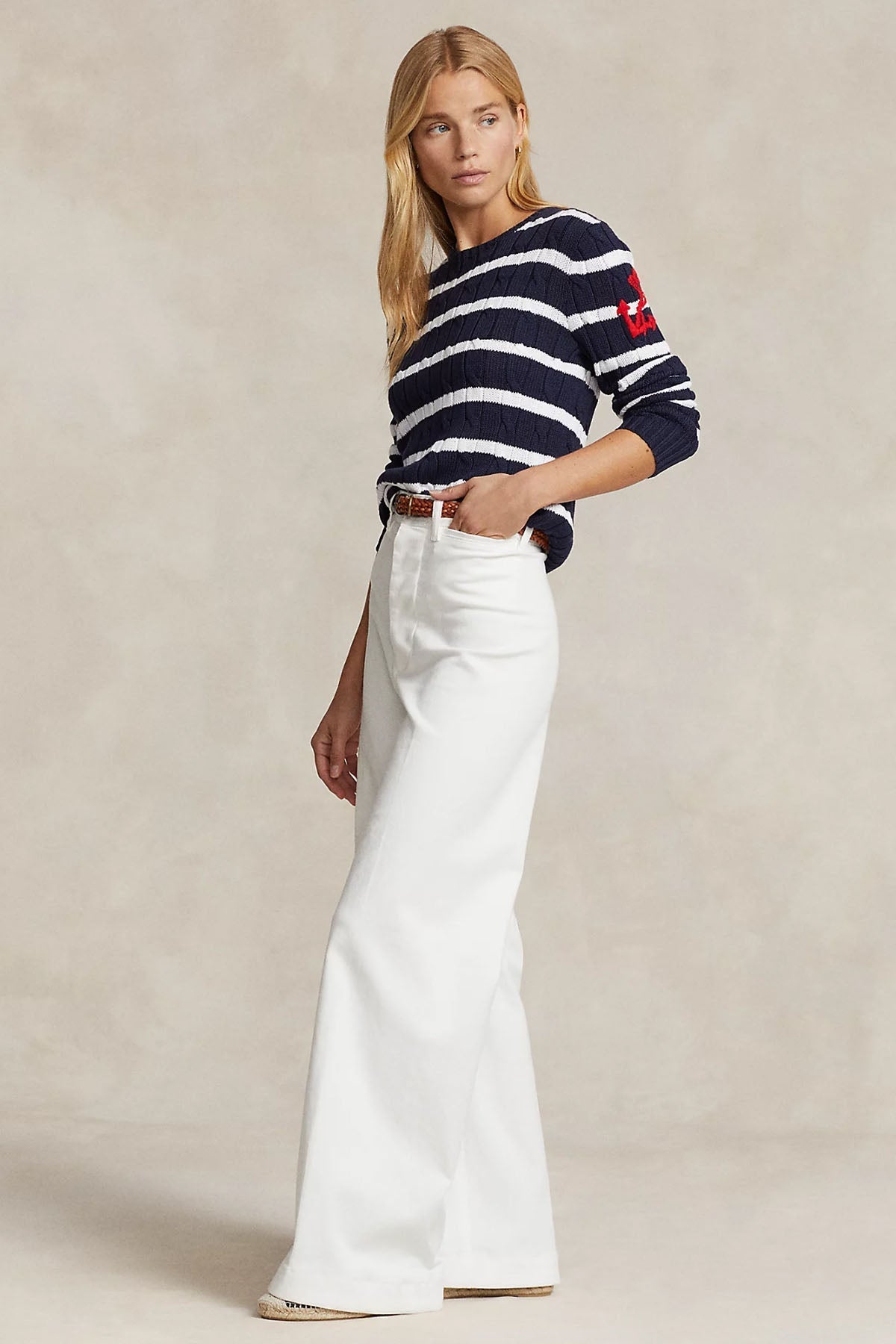 Polo Ralph Lauren Slim Fit Pima Cotton Yuvarlak Yaka Çizgili Saç Örgü Triko