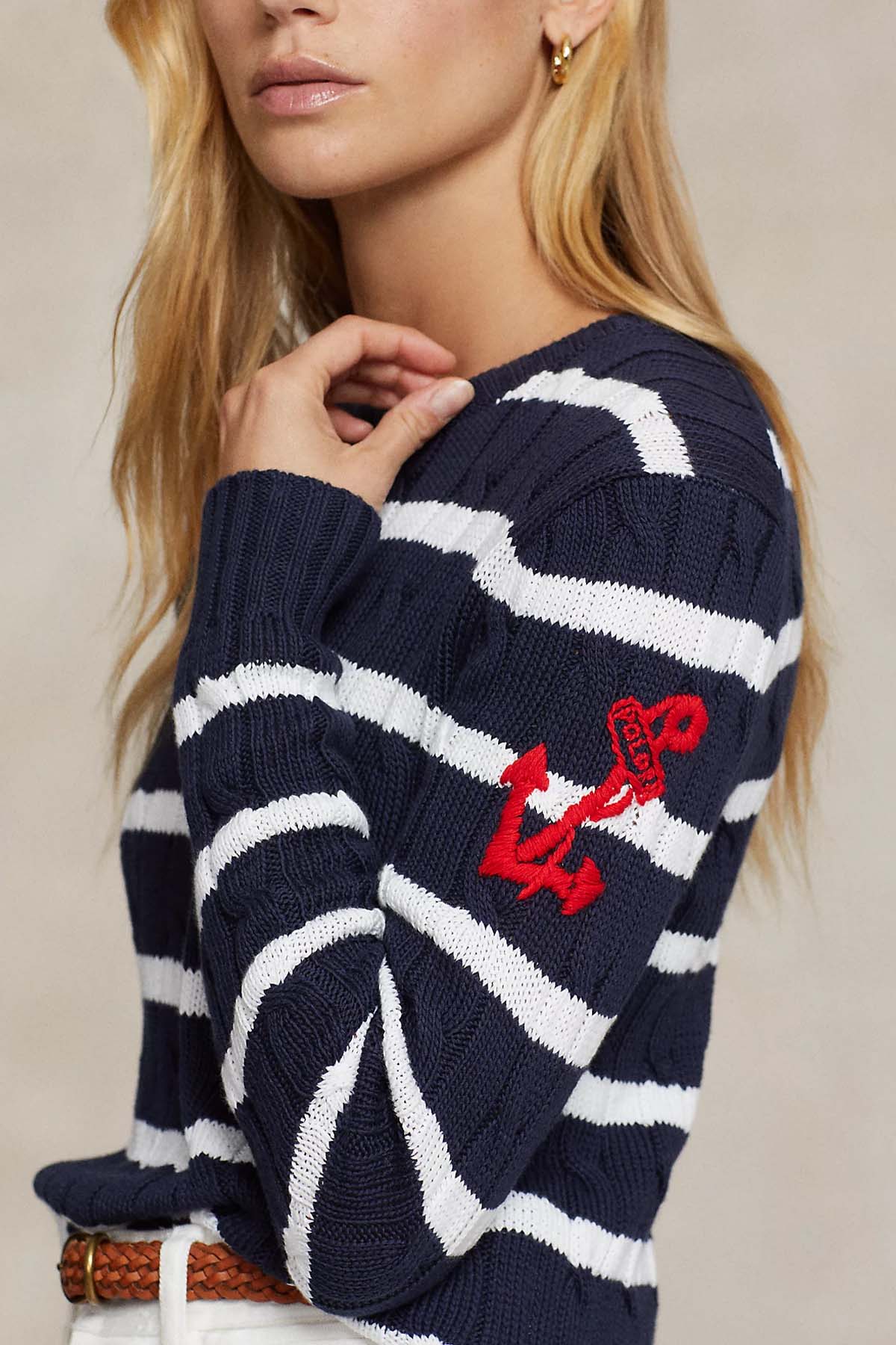 Polo Ralph Lauren Slim Fit Pima Cotton Yuvarlak Yaka Çizgili Saç Örgü Triko