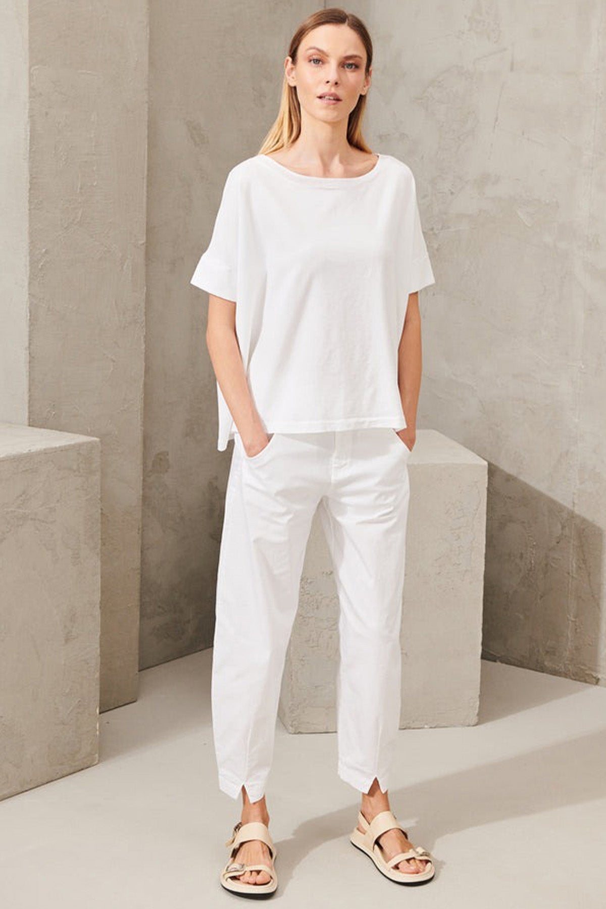 Transit Geniş Kesim Kayık Yaka Streç T-shirt