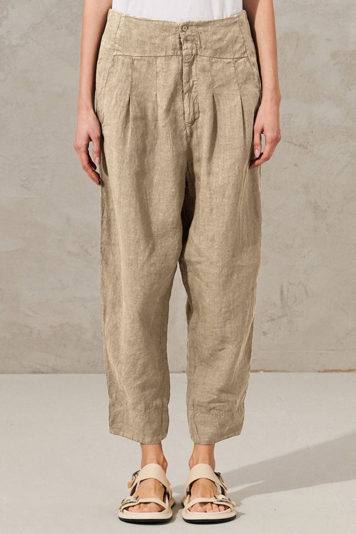 Transit Yüksek Bel Pileli Keten Pantolon