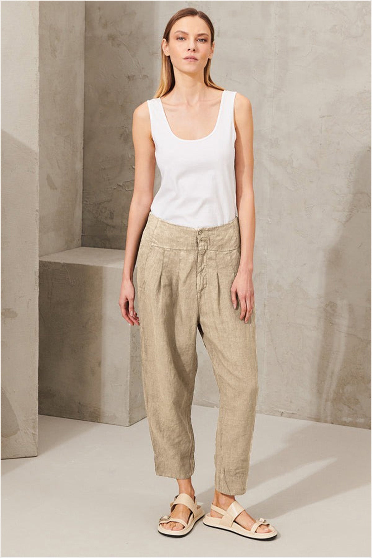 Transit Yüksek Bel Pileli Keten Pantolon