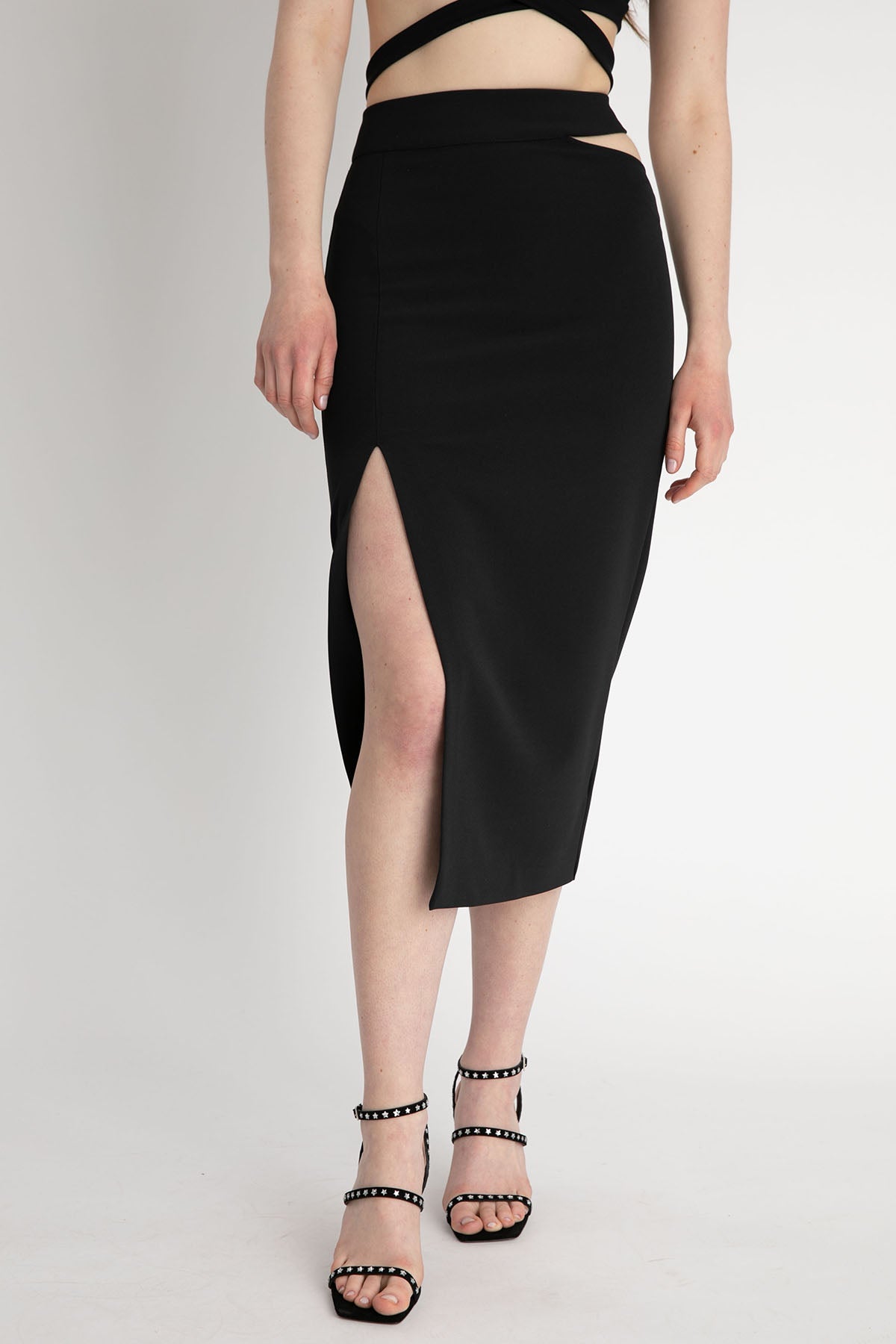 Dondup Yırtmaçlı Streç Midi Etek