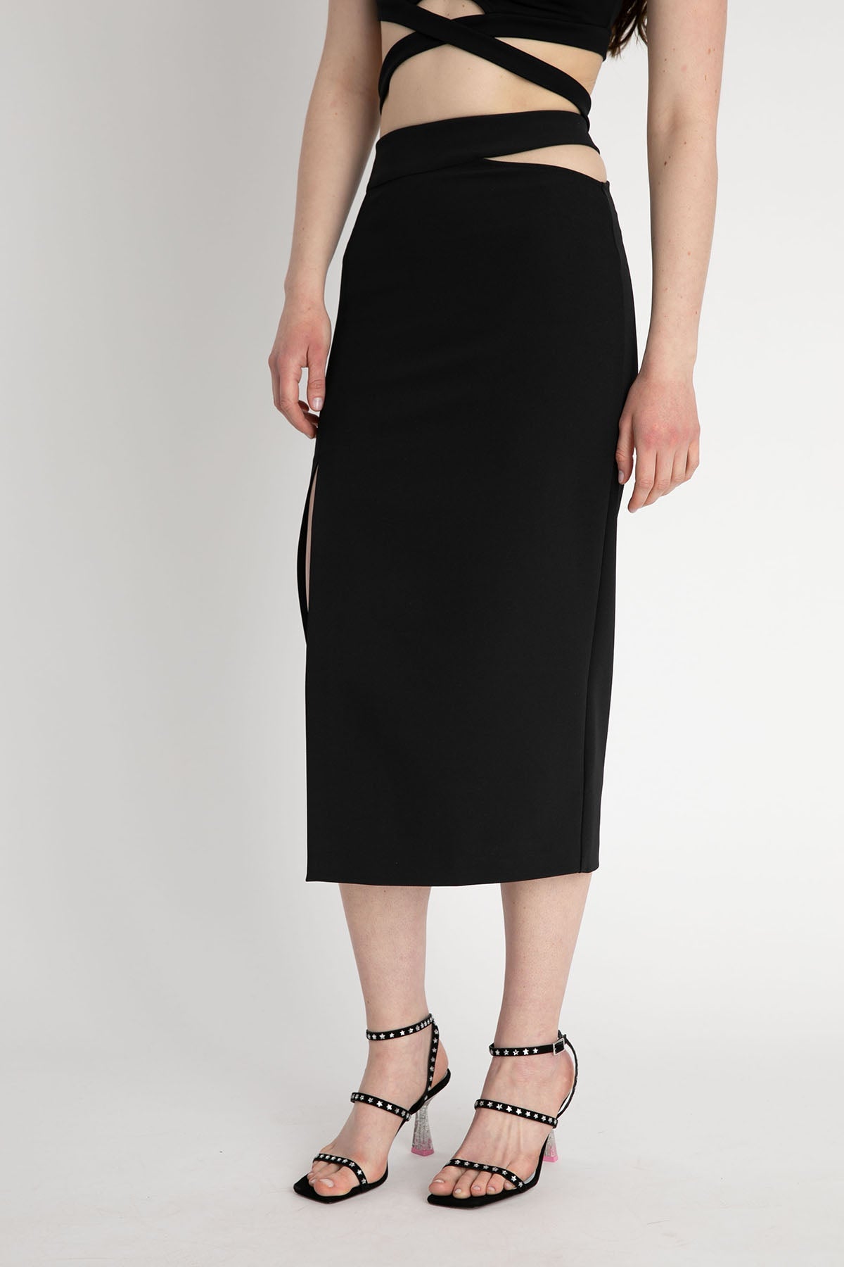 Dondup Yırtmaçlı Streç Midi Etek