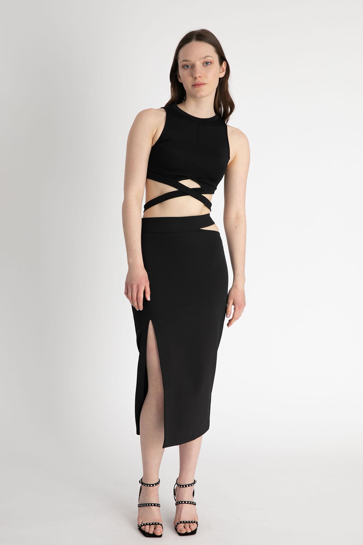 Dondup Yırtmaçlı Streç Midi Etek