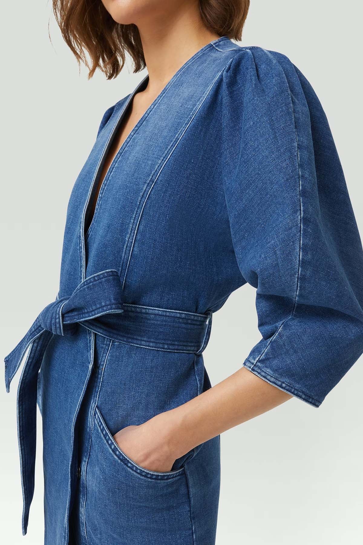 Dondup Belden Kuşaklı V Yaka Mini Denim Elbise