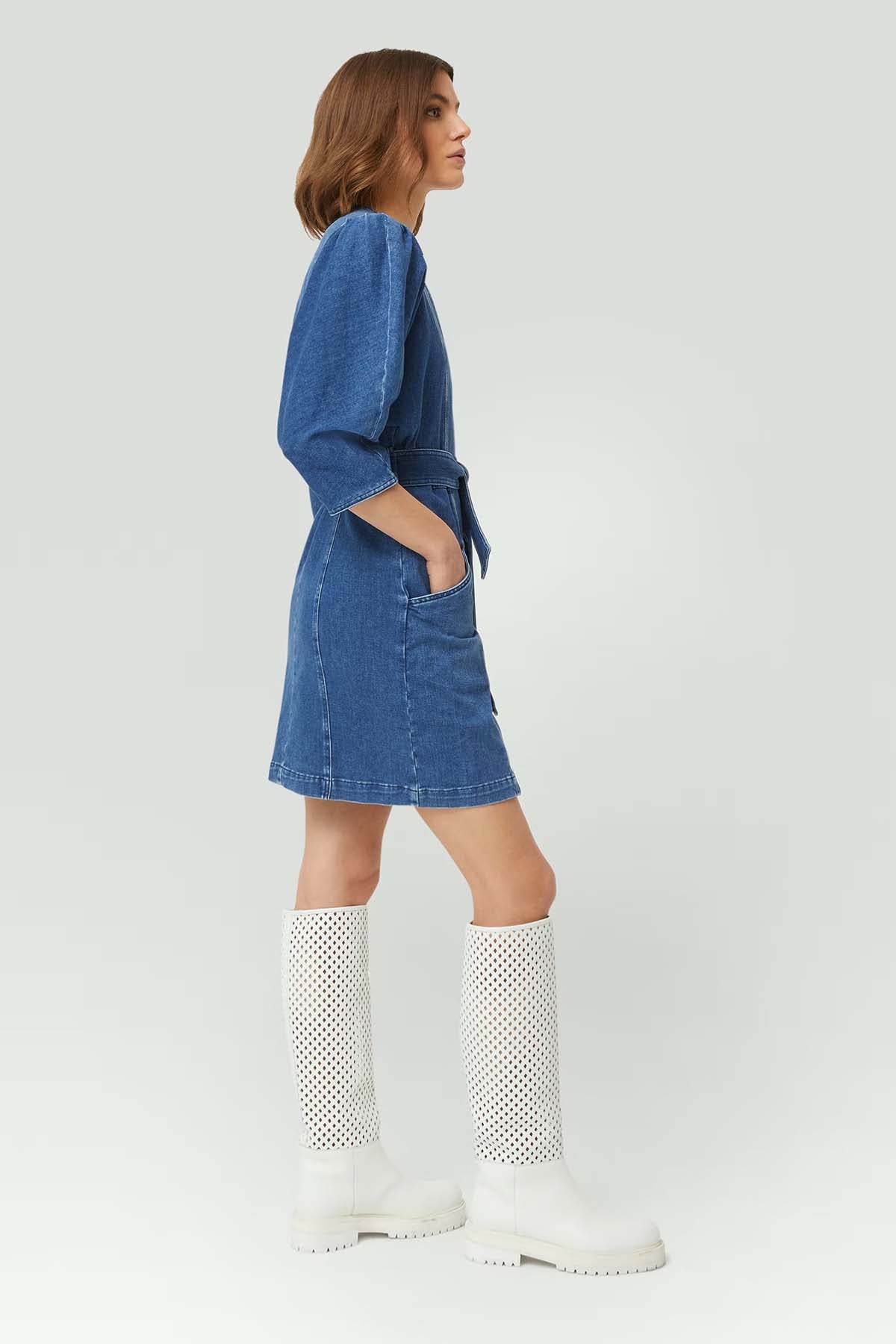 Dondup Belden Kuşaklı V Yaka Mini Denim Elbise