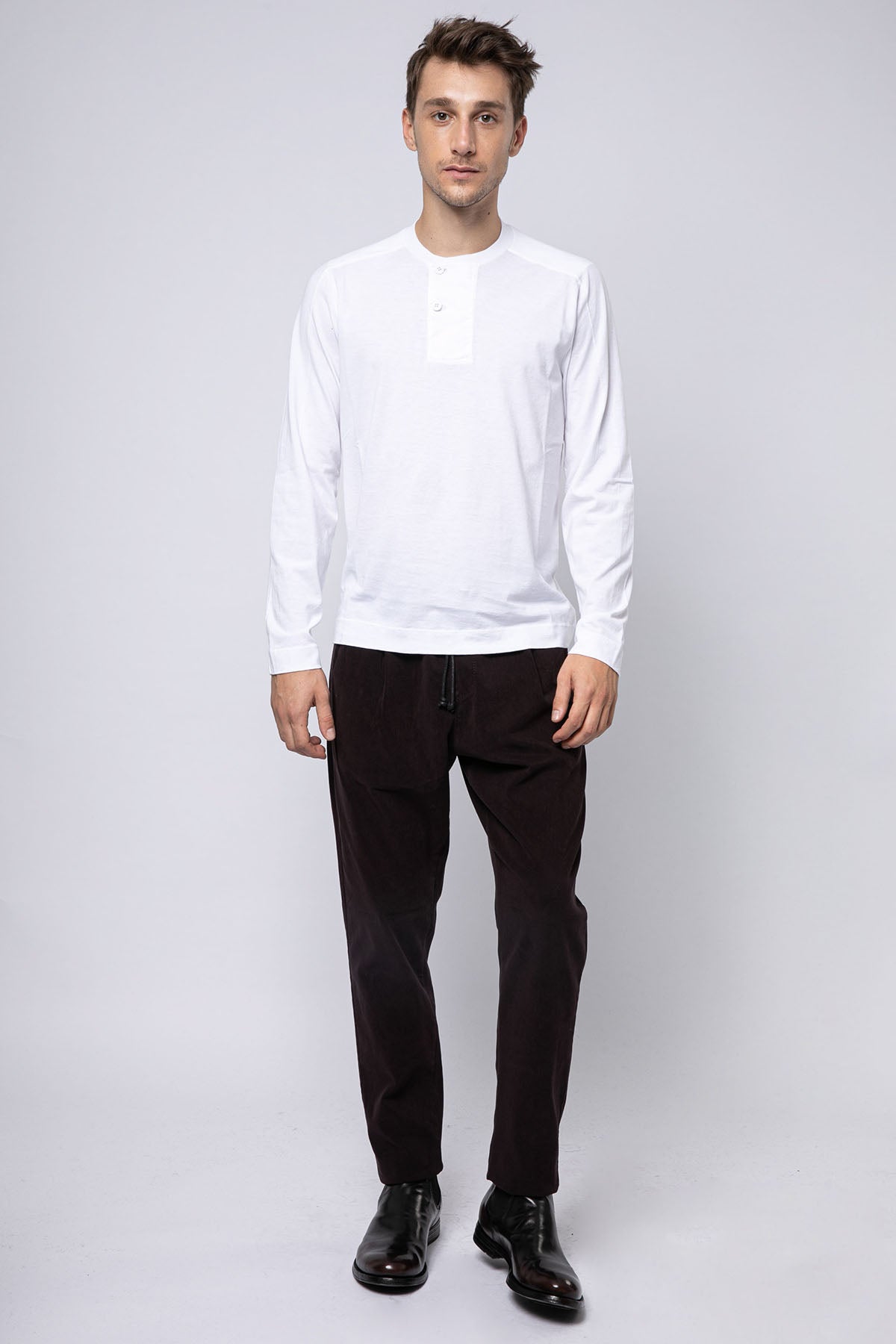 Transit Düğmeli Yuvarlak Yaka Uzun Kollu T-shirt