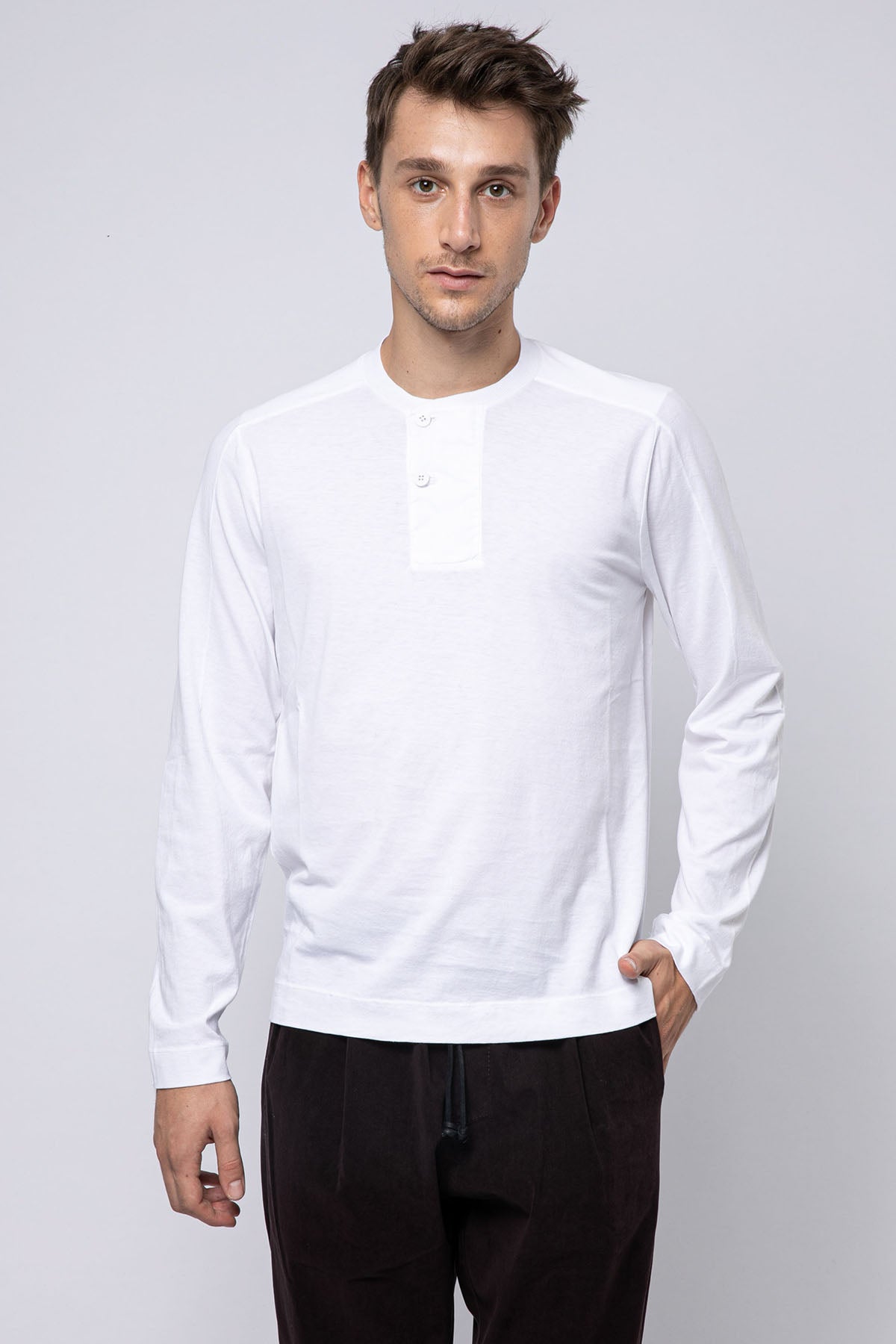 Transit Düğmeli Yuvarlak Yaka Uzun Kollu T-shirt