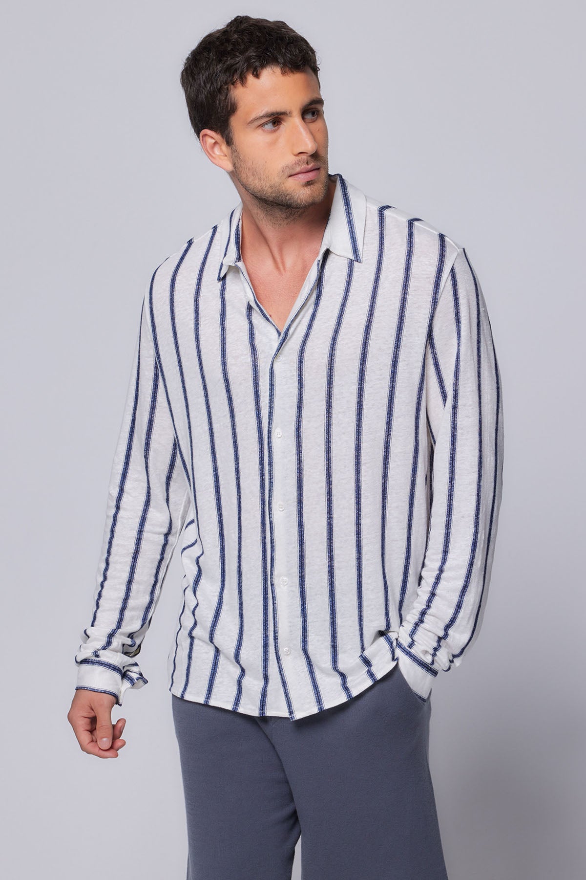 Majestic Çizgili Streç Keten Gömlek-Libas Trendy Fashion Store