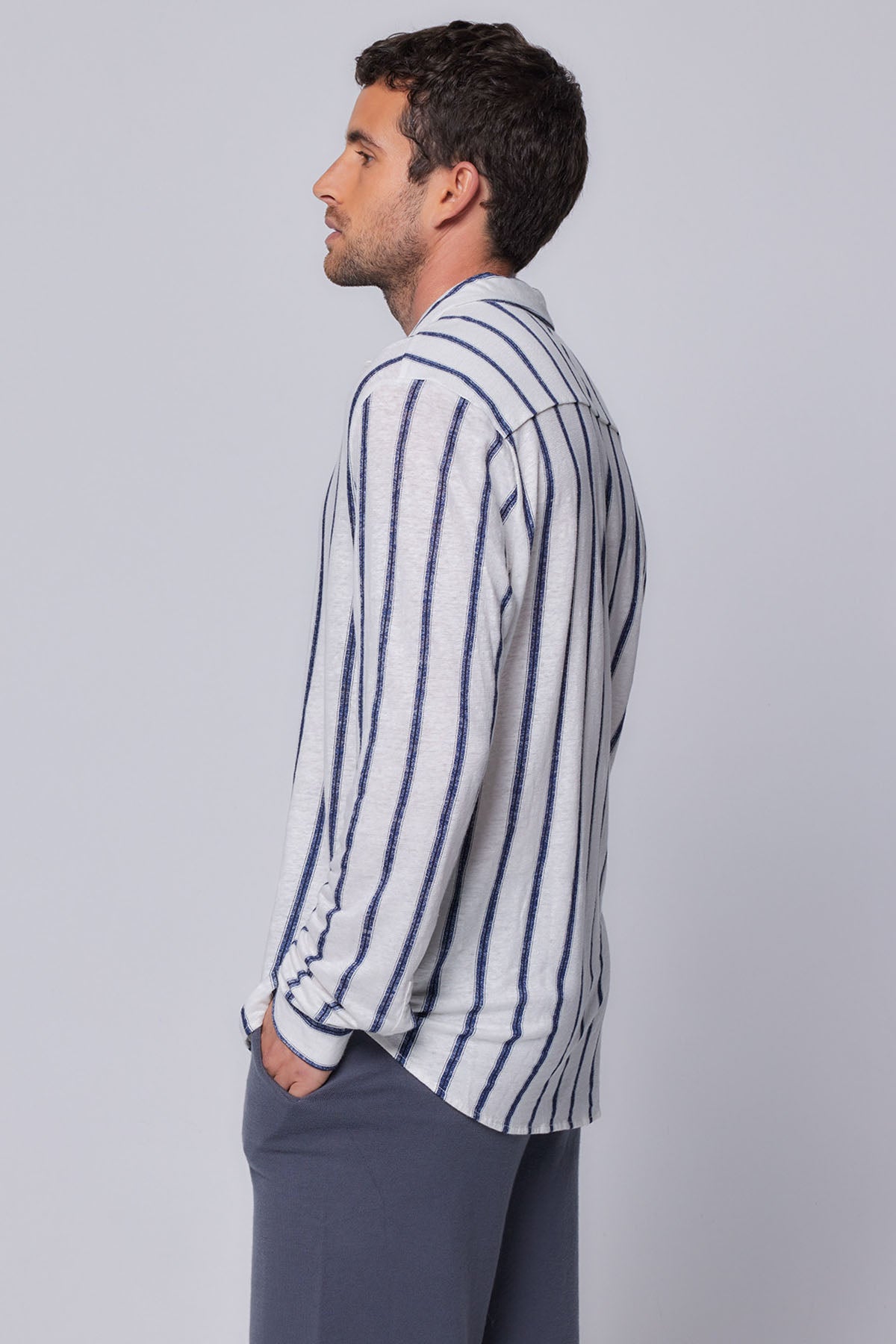 Majestic Çizgili Streç Keten Gömlek-Libas Trendy Fashion Store