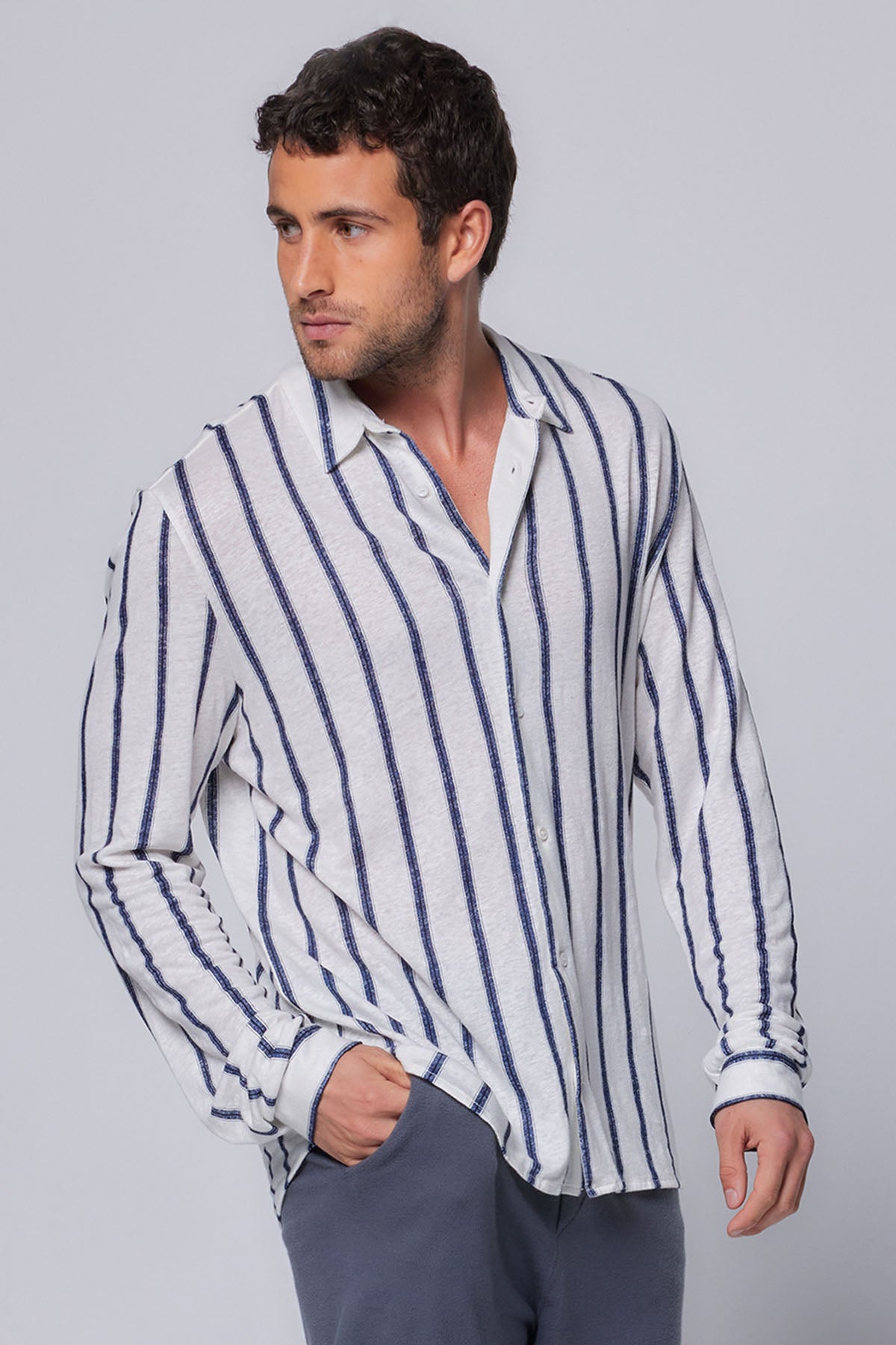 Majestic Çizgili Streç Keten Gömlek-Libas Trendy Fashion Store