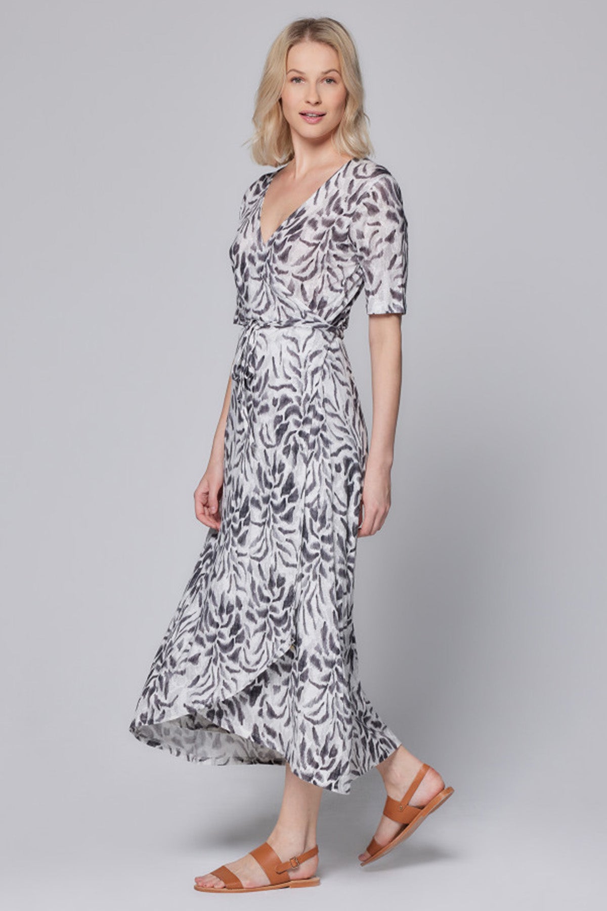 Majestic V Yaka Midi Streç Keten Elbise