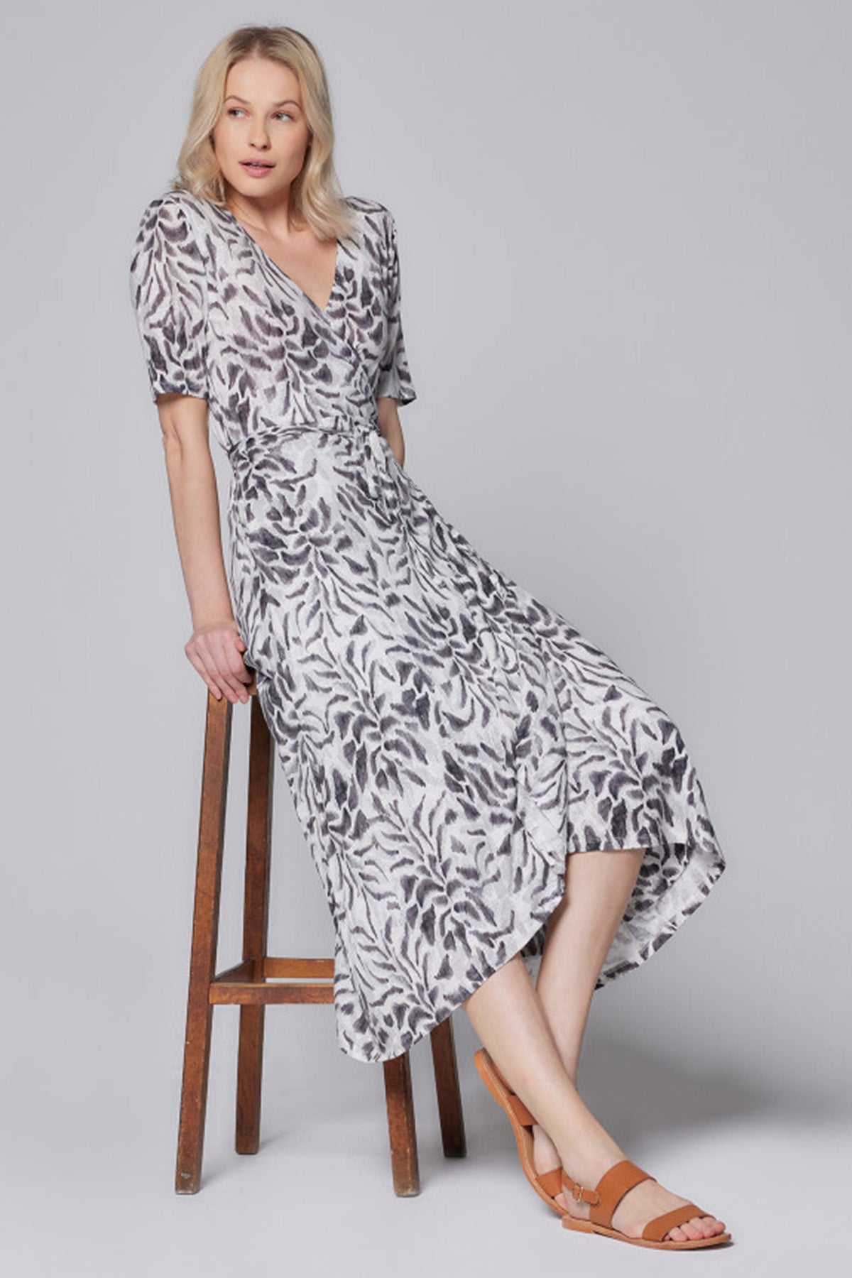 Majestic V Yaka Midi Streç Keten Elbise