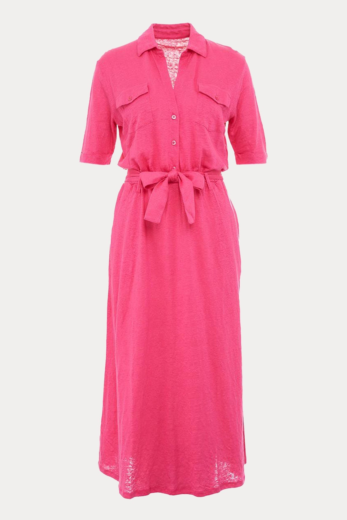 Majestic Belden Kuşaklı Midi Streç Keten Elbise