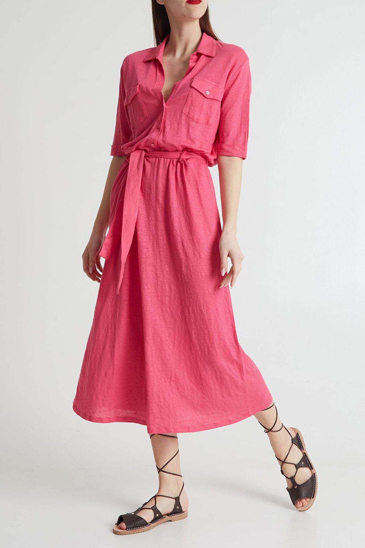 Majestic Belden Kuşaklı Midi Streç Keten Elbise