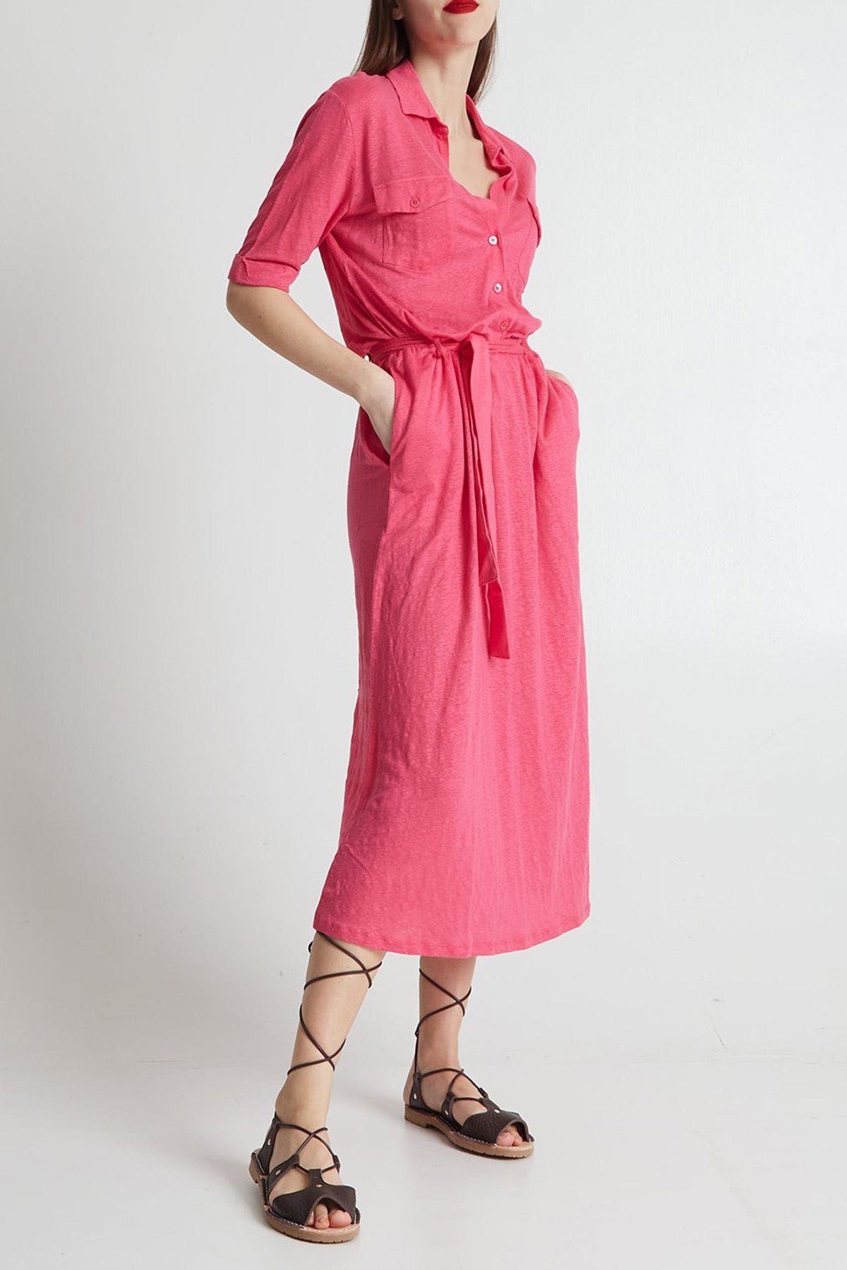 Majestic Belden Kuşaklı Midi Streç Keten Elbise