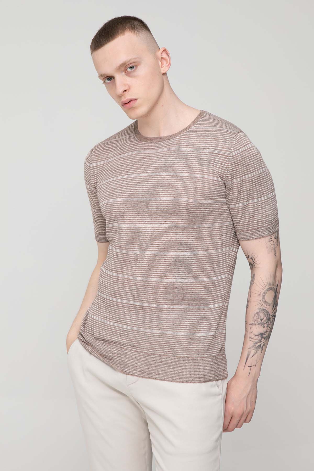 Gran Sasso Slim Fit Çizgili Keten T-shirt