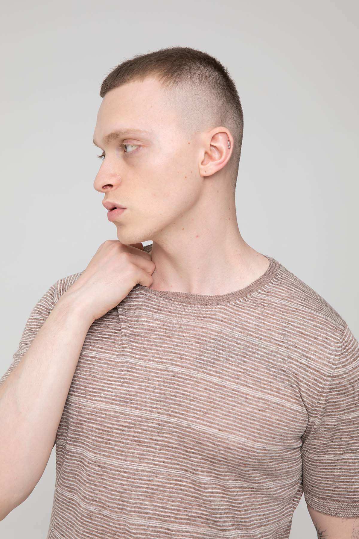 Gran Sasso Slim Fit Çizgili Keten T-shirt