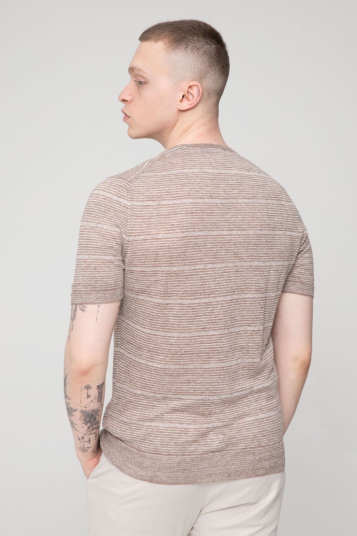 Gran Sasso Slim Fit Çizgili Keten T-shirt