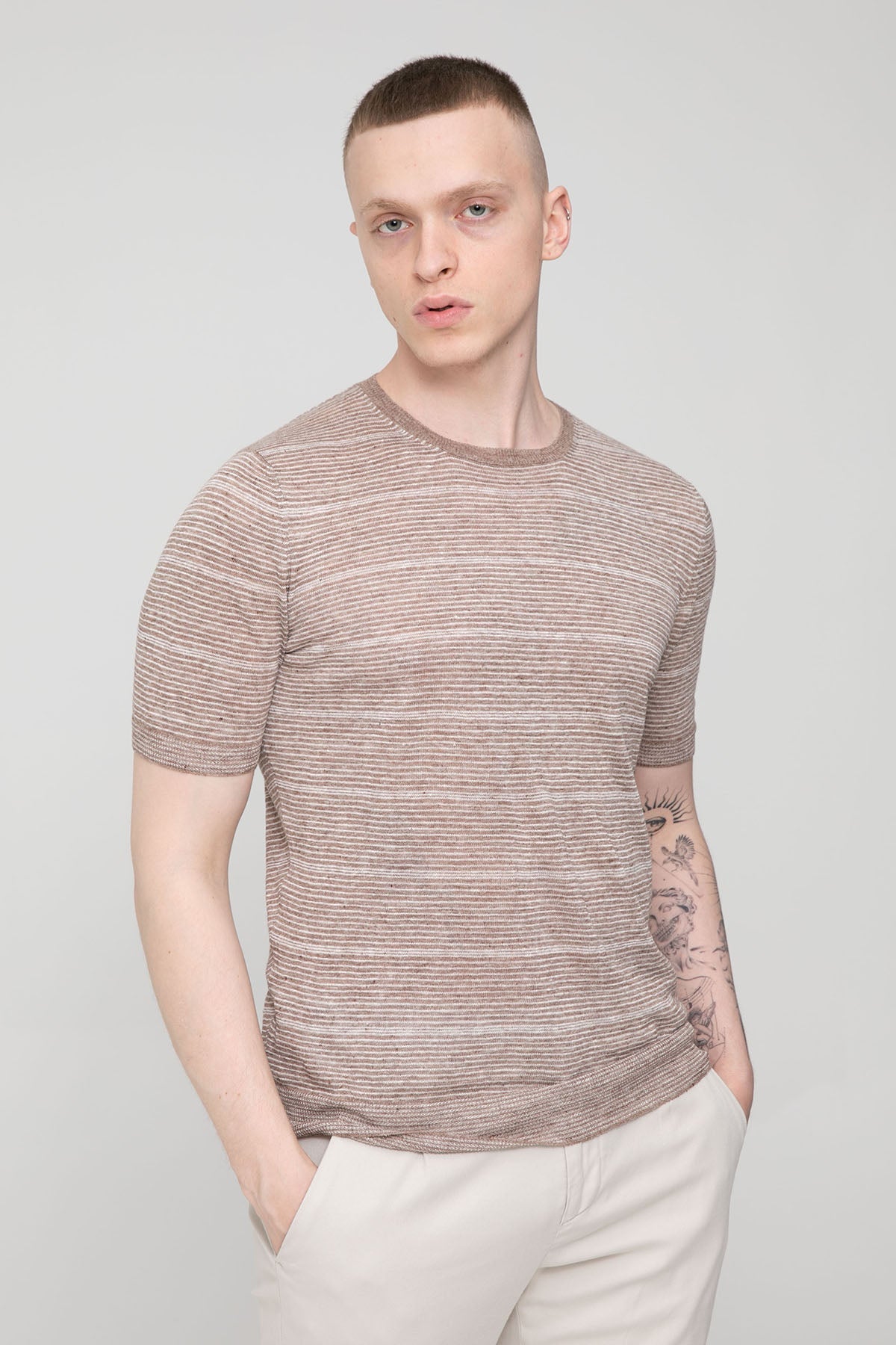 Gran Sasso Slim Fit Çizgili Keten T-shirt