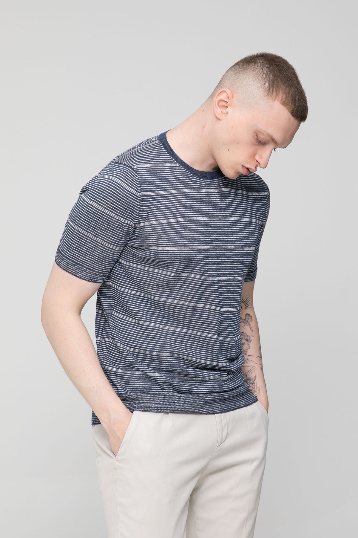 Gran Sasso Slim Fit Çizgili Keten T-shirt-T-shirt-Libas