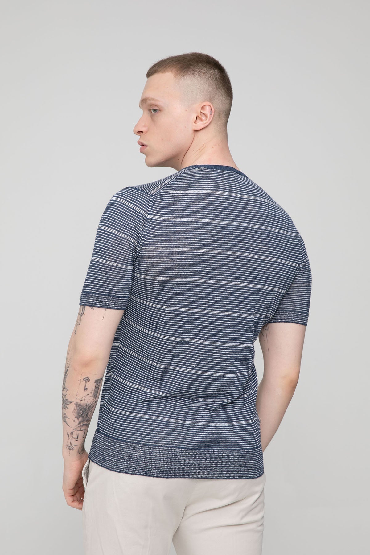 Gran Sasso Slim Fit Çizgili Keten T-shirt-T-shirt-Libas
