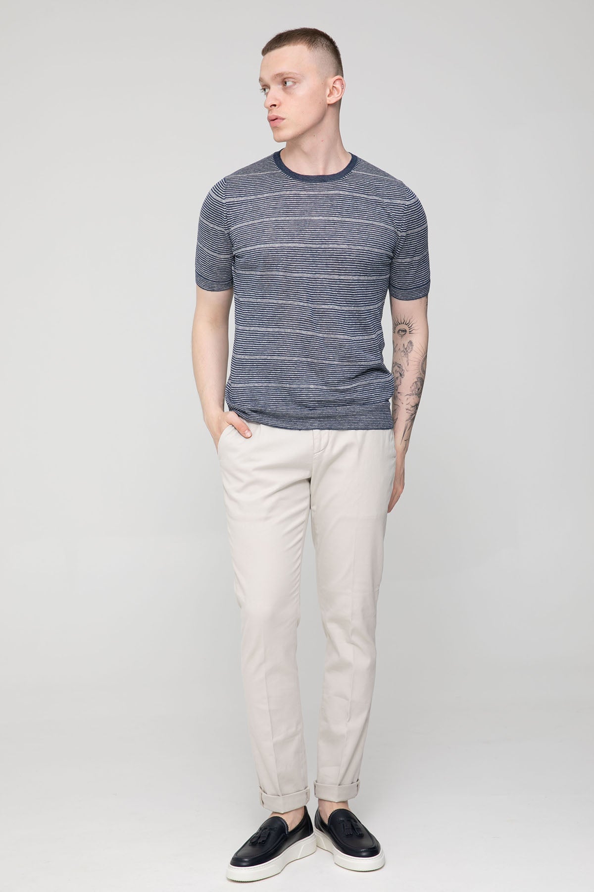 Gran Sasso Slim Fit Çizgili Keten T-shirt-T-shirt-Libas