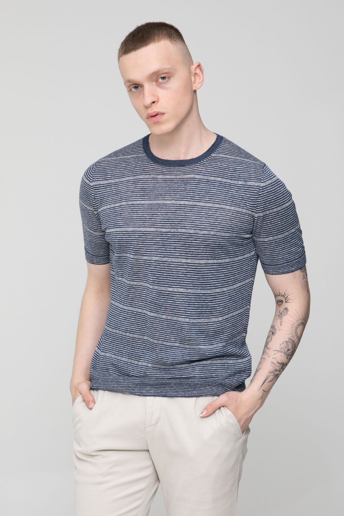 Gran Sasso Slim Fit Çizgili Keten T-shirt-T-shirt-Libas