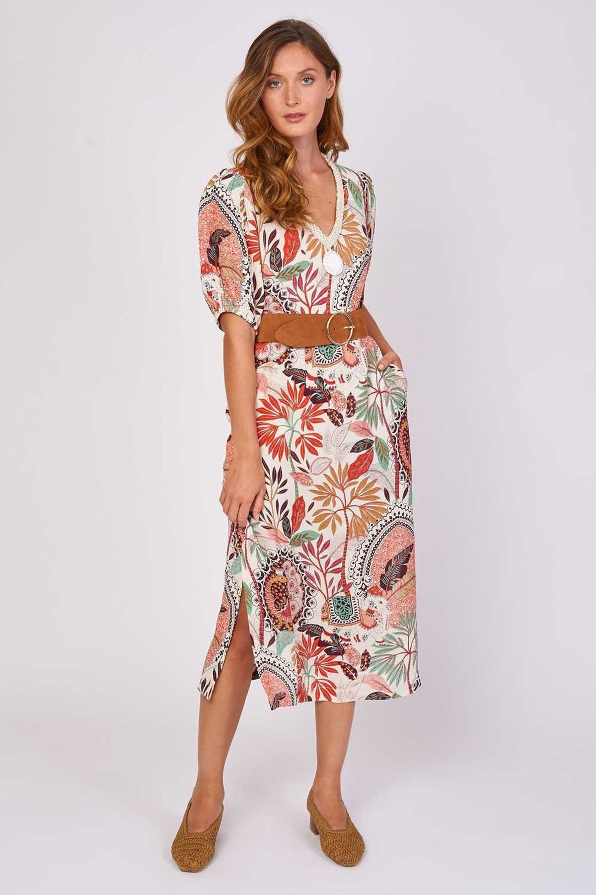 Rene Derhy Ceramique V Yaka Midi Elbise