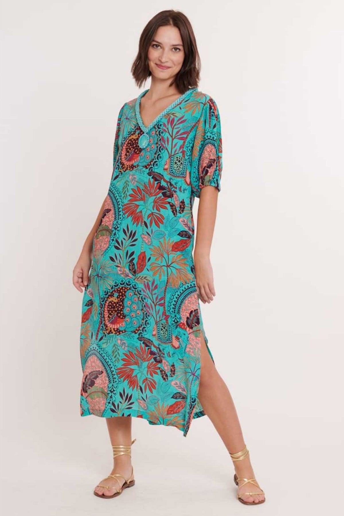 Rene Derhy Ceramique V Yaka Midi Elbise