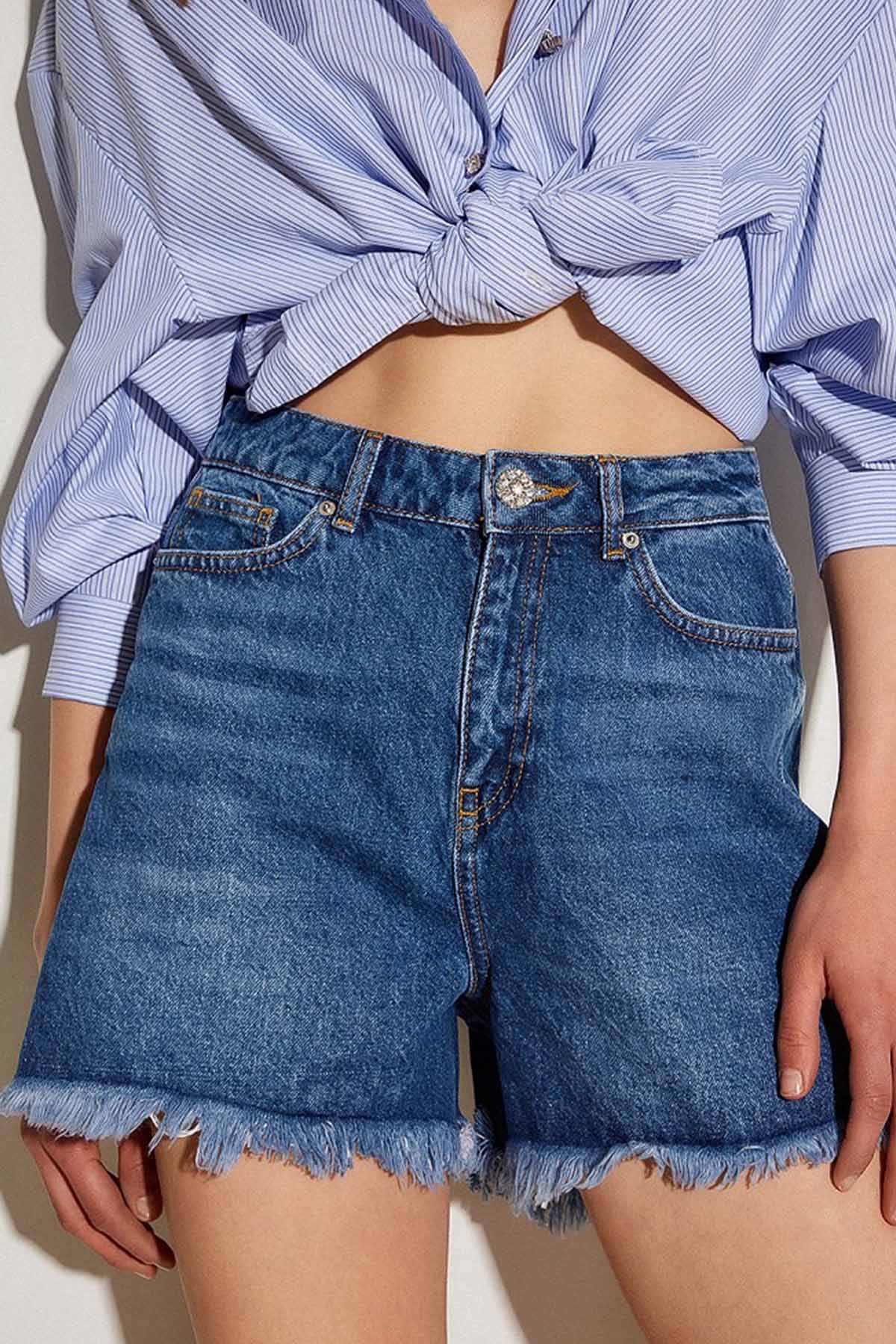 Bsb Doğal Kesim Bitişli Yüksek Bel Jean Şort-Libas Trendy Fashion Store