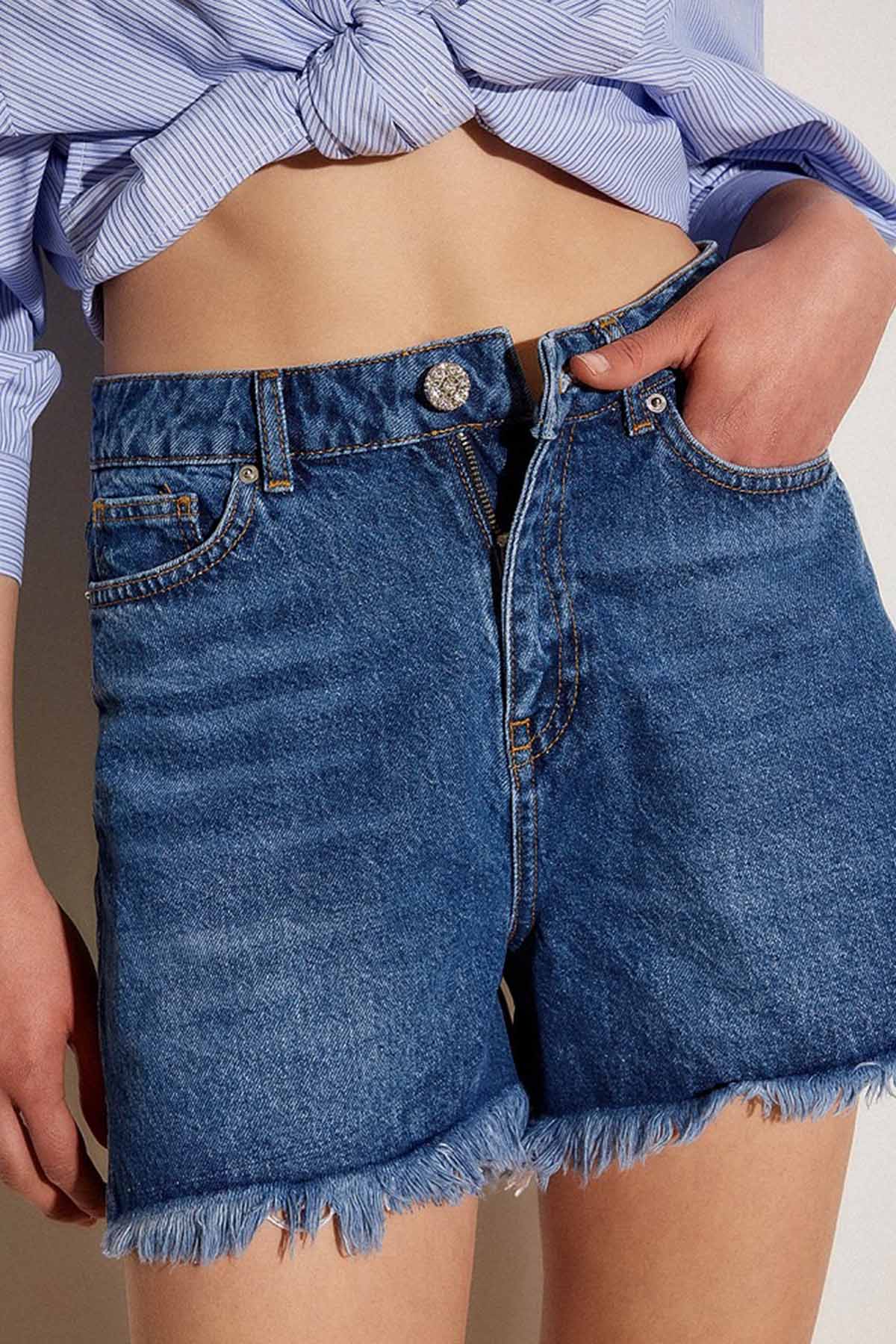 Bsb Doğal Kesim Bitişli Yüksek Bel Jean Şort-Libas Trendy Fashion Store