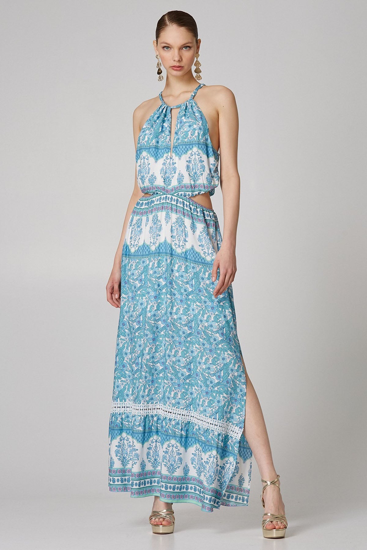 Lynne Boyundan Bağlamalı Bel Dekolteli Maxi Elbise-Libas Trendy Fashion Store
