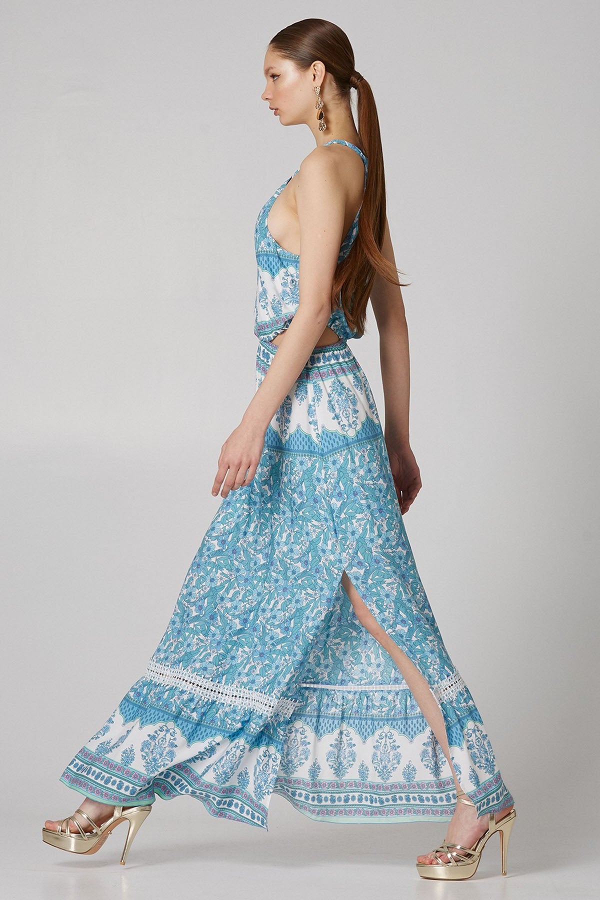 Lynne Boyundan Bağlamalı Bel Dekolteli Maxi Elbise-Libas Trendy Fashion Store