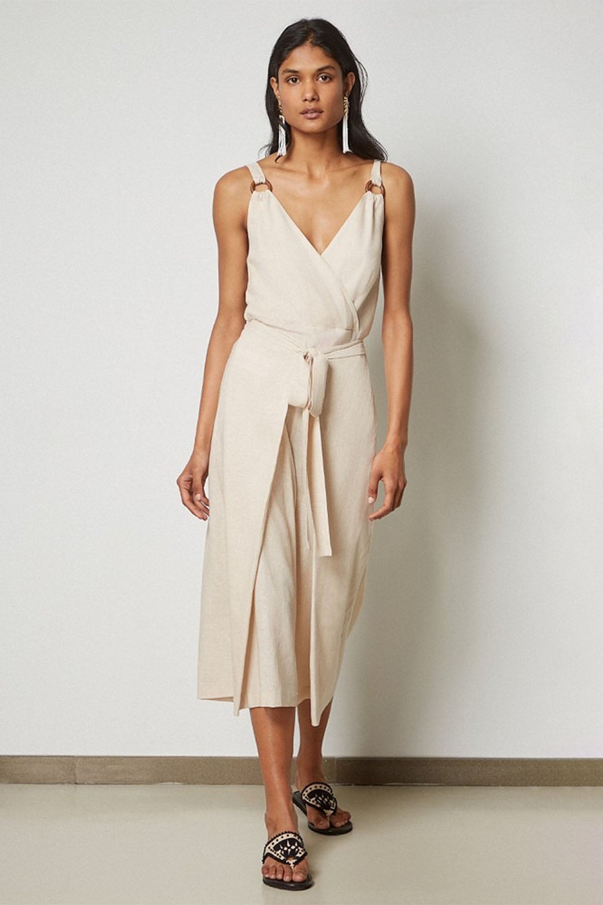 Bsb Derin V Yaka Belden Kuşaklı Ketenli Tulum-Libas Trendy Fashion Store