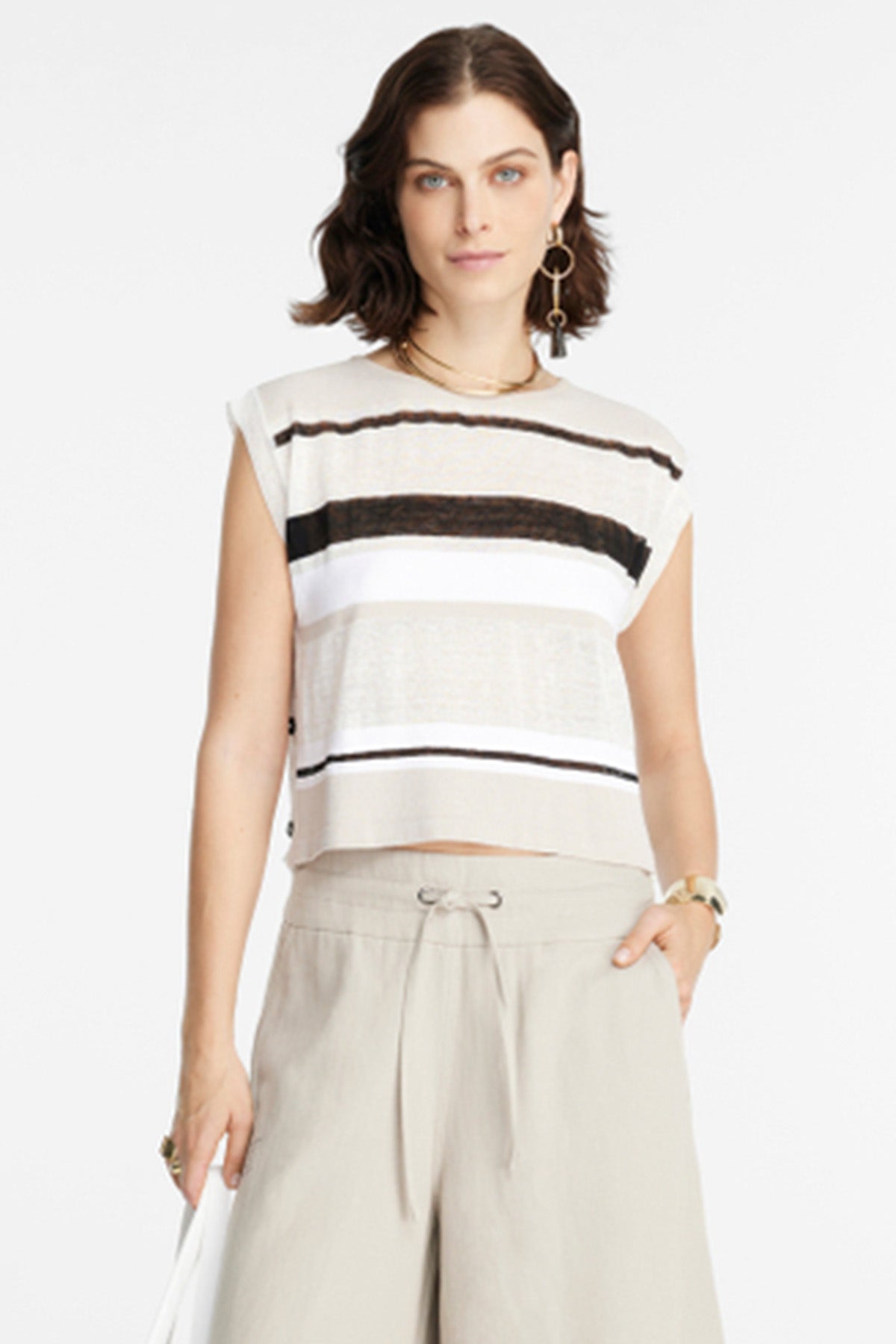 Sarah Pacini Düğme Detaylı Ketenli Kolsuz Bluz-Libas Trendy Fashion Store