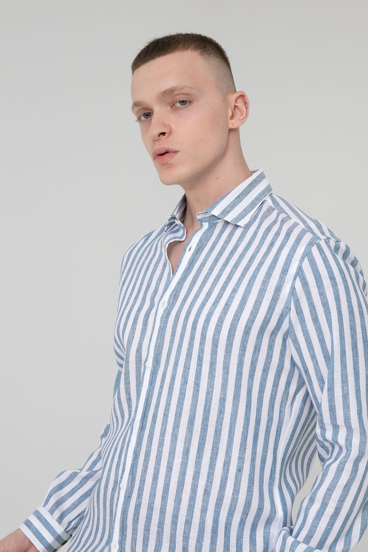 Poggianti Pisa İtalyan Yaka Çizgili Keten Gömlek-Libas Trendy Fashion Store