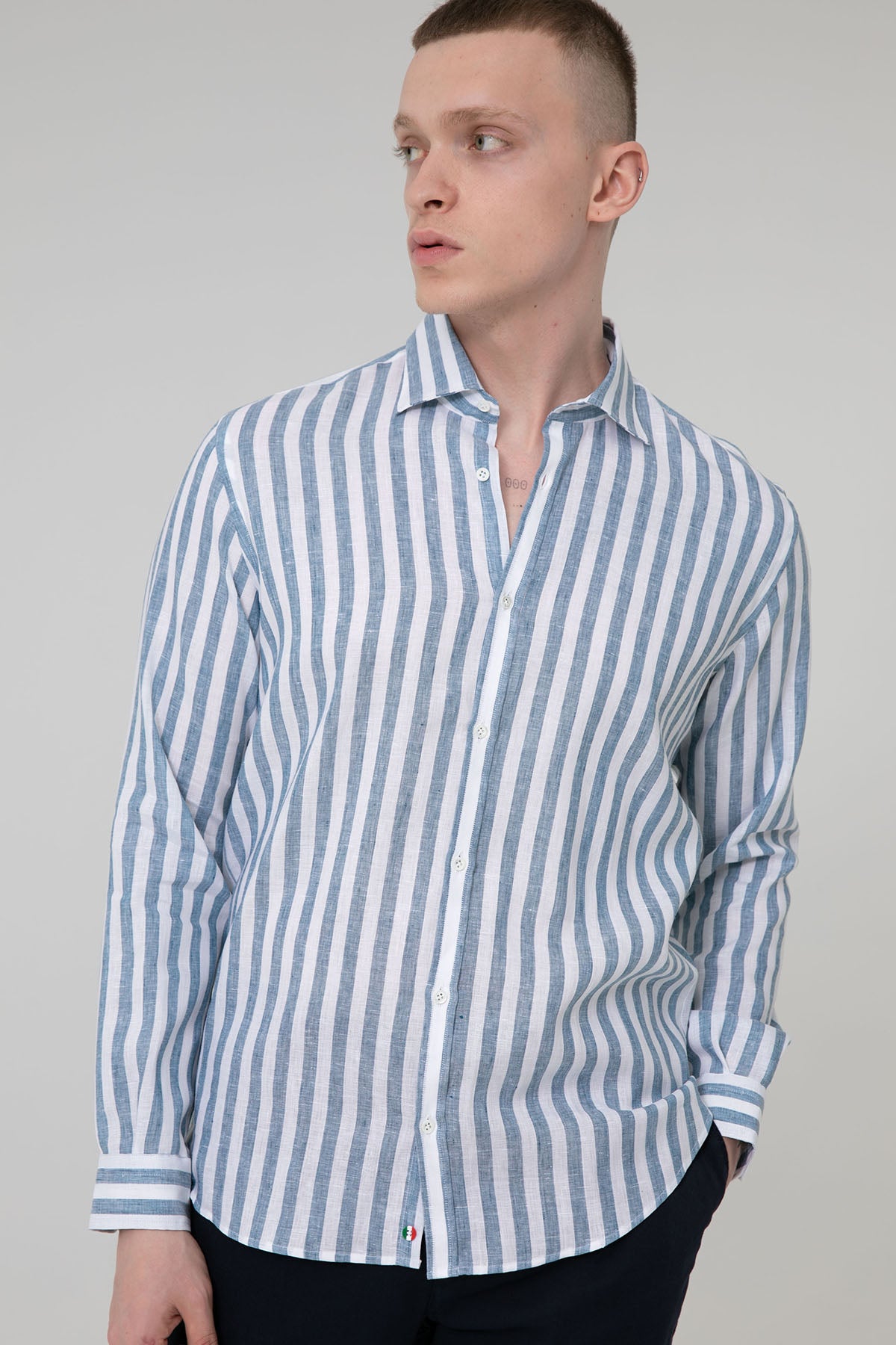 Poggianti Pisa İtalyan Yaka Çizgili Keten Gömlek-Libas Trendy Fashion Store