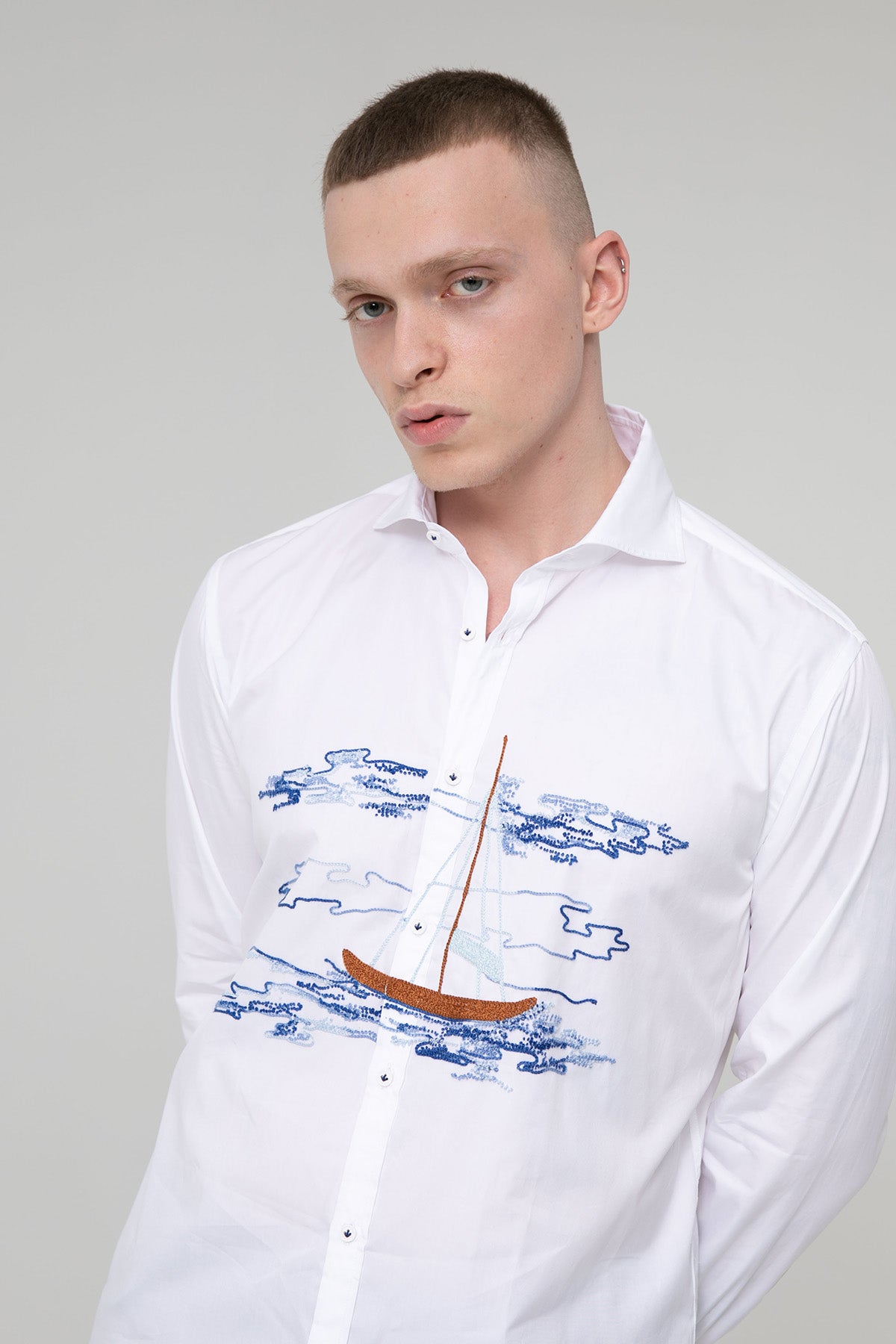 Poggianti Pisa İtalyan Yaka Nakış Yelkenli Desenli Gömlek-Libas Trendy Fashion Store