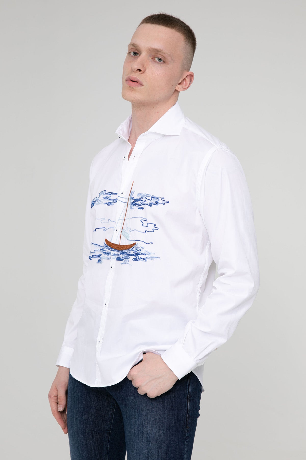 Poggianti Pisa İtalyan Yaka Nakış Yelkenli Desenli Gömlek-Libas Trendy Fashion Store