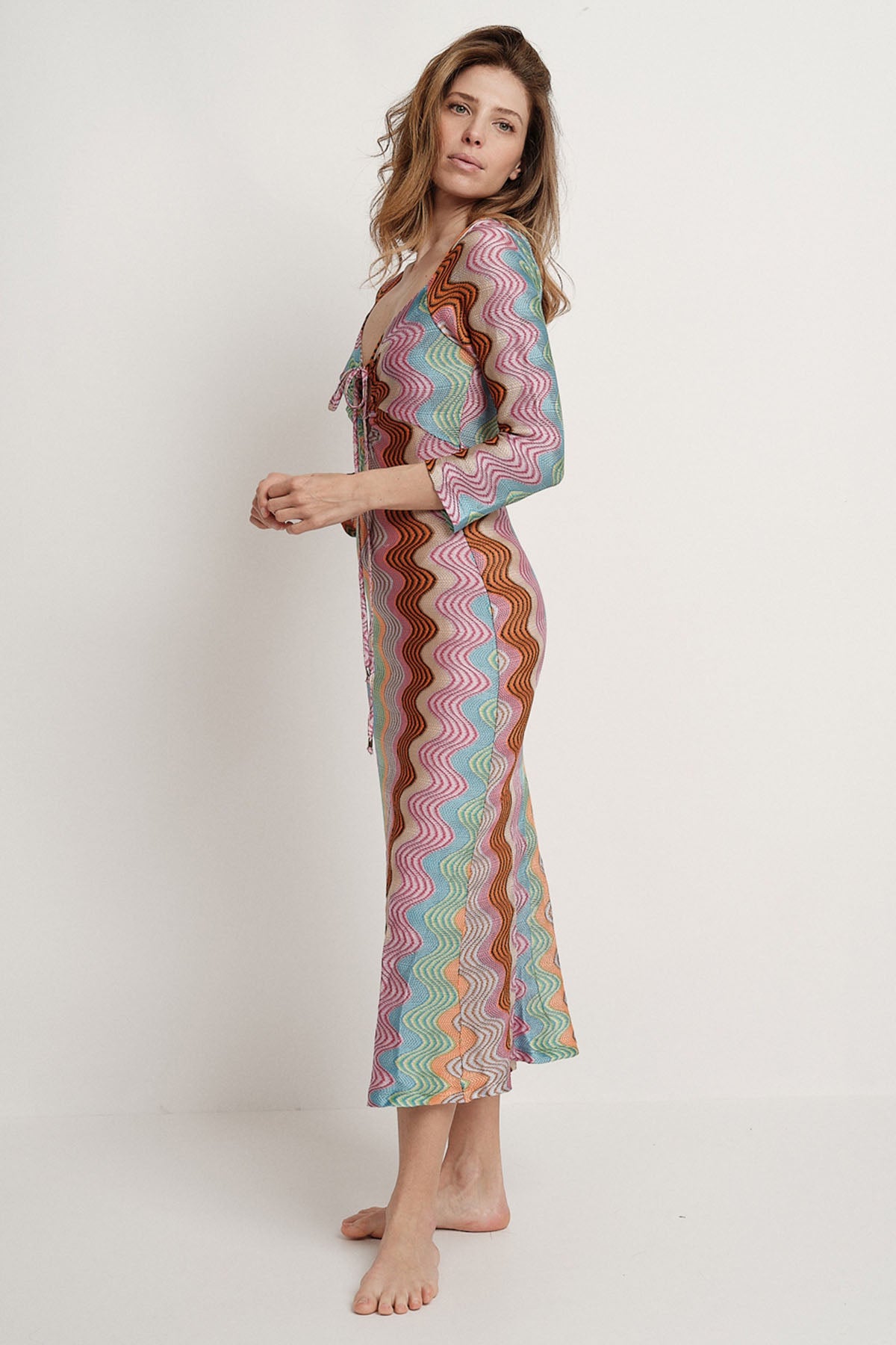 Meme Road V Yaka Renkli Örgü Midi Elbise-Libas Trendy Fashion Store